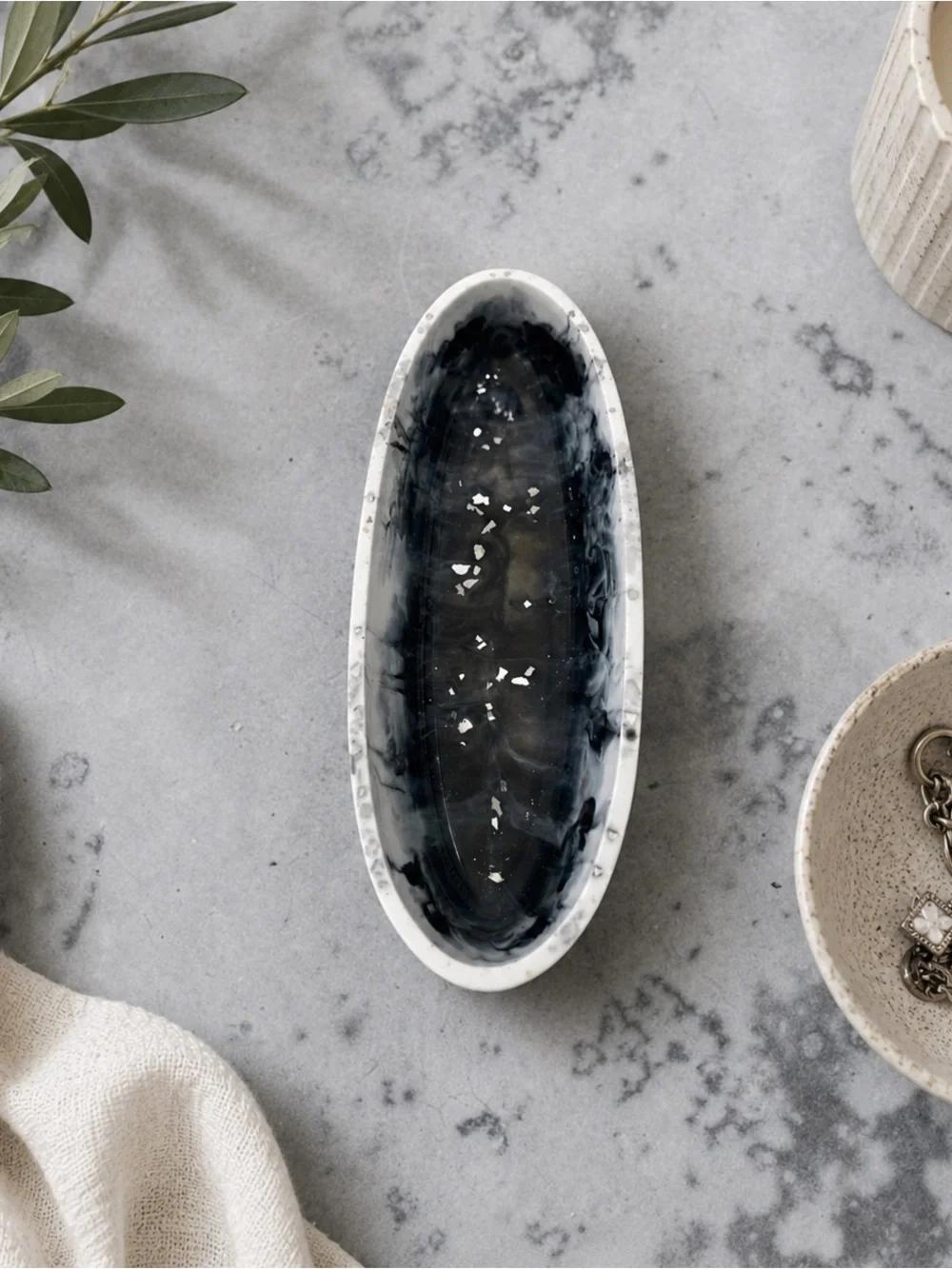 Black Marbled Oval Ceramic Soap Dish - Home Bath Vanity Tray